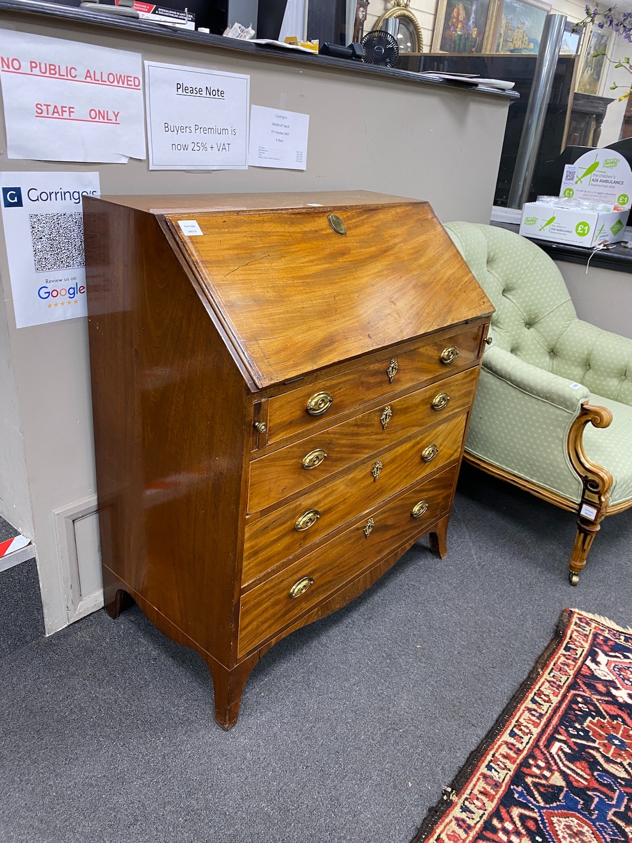 A George III mahogany bureau, width 91cm, depth 50cm, height 106cm